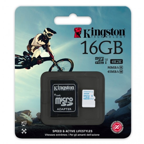 Карта памяти Kingston SDCAC/16GB  microSDHC UHS-I, Class 10  45 Мб/с 90 Мб/с 16 Gb блистер