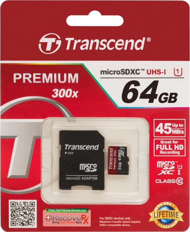 Карта памяти+адаптер SD microSDXC 64Гб/Class 10/UHS-I,Transcend (TS64GUSDU1)