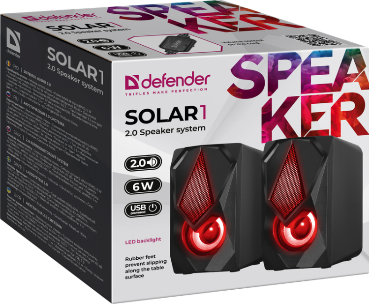 Колонки с подсветкой Defender Solar 1, 2.0, 6Вт(2*3Вт),черные,rtl