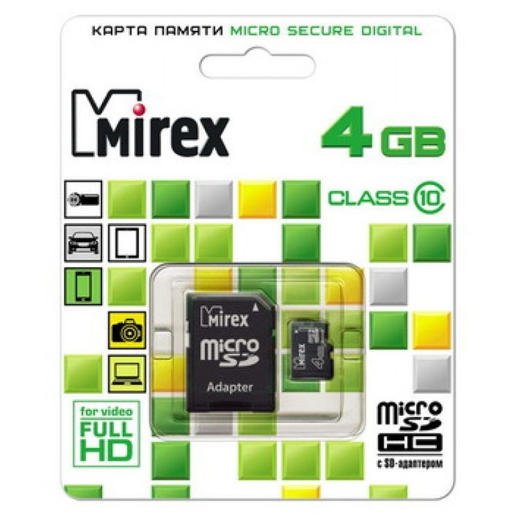 Карта памяти(+адаптер) microSDHC 4Гб/Class 10,Mirex (13613-AD10SD04)