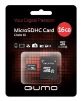 Карта памяти(+адаптер) microSDHC 16Гб/Class 10,Qumo (QM16GMICSDHC10)