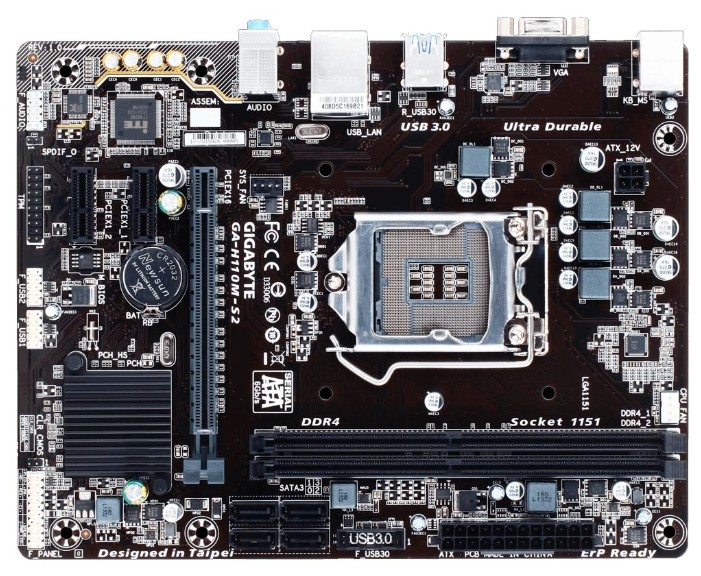 М/плата Gigabyte Ultra Durable GA-H110M-S2,MicroATX,LGA1151, 2хDDR4 ECC/non-ECC(32Гб)