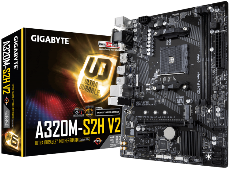 М/плата Gigabyte Ultra Durable GA-A320M-S2H V2,AM4, 2хDDR4(3200 МГц, 32Гб)SATA*4+1*M.2(key M), IDE*нет,1*PCI-E 3.0x16 2*PCI-E 2.0x1,microATX,rtl
