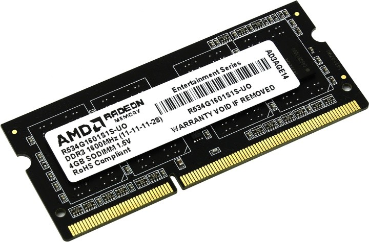 Модуль памяти SODIMM DDR3 4Гб, 1600МГц, 12800 Мб/с, AMD R534G1601S1S-UO, oem