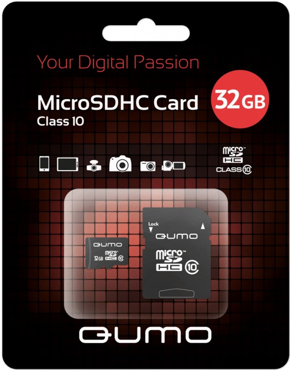 Карта памяти(+адаптер) microSDHC 32Гб/Class 10,Qumo (QM32MICSDHC10)