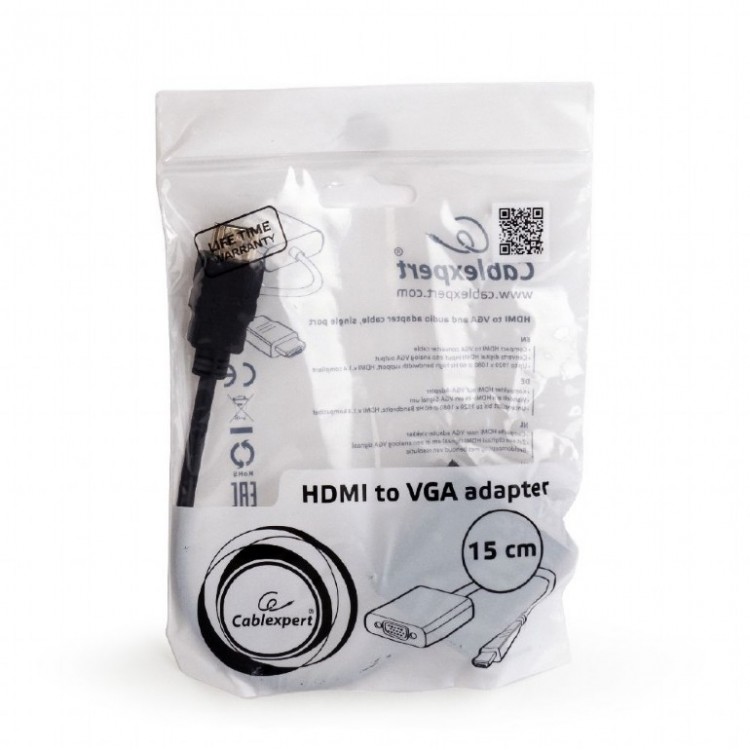 Кабель Cablexpert A-HDMI-VGA-03,HDMI - VGA F 0,15м. черный, пакет +AUX кабель