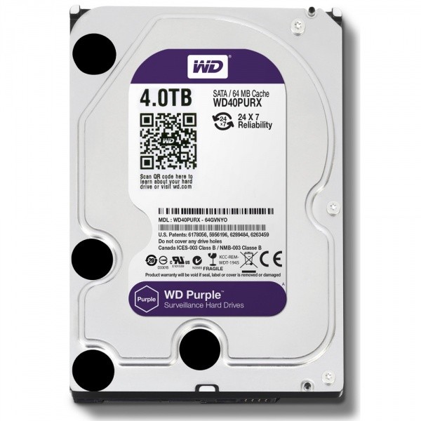 Накопитель HDD 3.5" 4 Тб Western Digital Purple Video WD40PURX 64Mb 5400rpm фиолетовый OEM (без коробки)