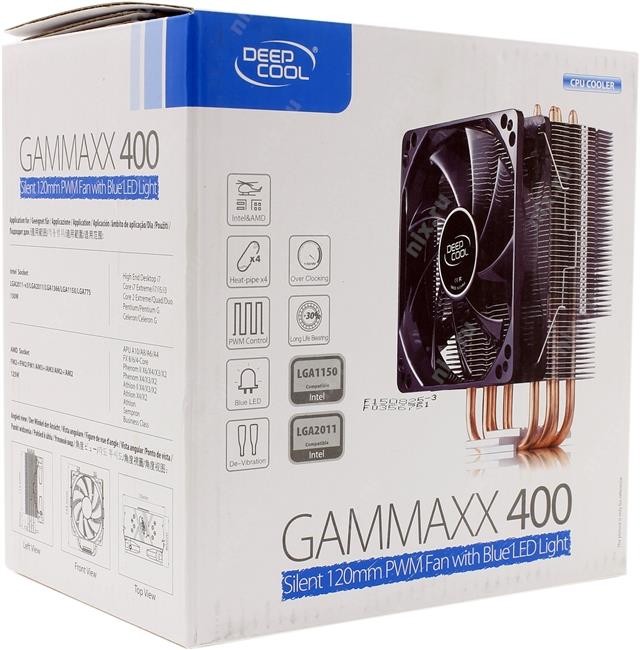 Кулер для процессора,Deepcool Gammaxx 400,универсальный,1 500 об/мин,32 ДБ,аллюминий+медь,120 мм,синяя подсветка,черный,rtl