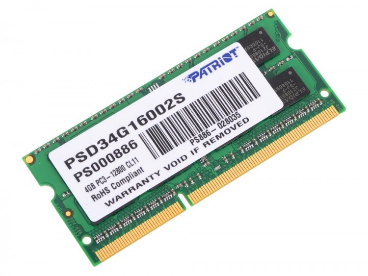 Модуль памяти SODIMM DDR3 4Гб, 1600МГц, 12800 Мб/с, Patriot PSD34G16002S, блистер