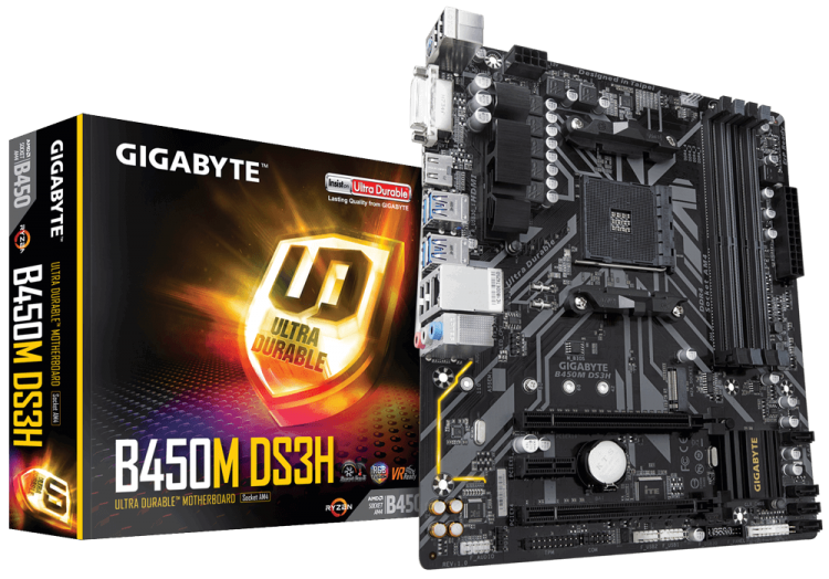 М/плата Gigabyte Ultra Durable B450M DS3H,AM4, 4хDDR4(3200 МГц, 64Гб)SATA*4+1 M.2(key M), IDE*нет,1*PCI-E 3.0 x16 1*PCI-E 3.0 x4 1*PCI-E 2.0 x1,microA