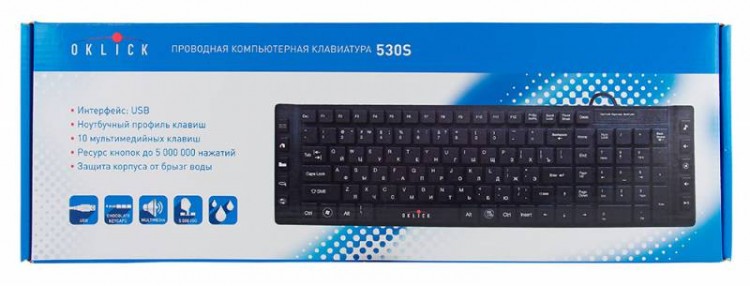 Клавиатура Oklick 530S,проводная(USB),тонкая,влагозащита,мультимедийная,черная,rtl