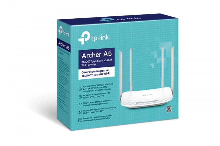 Маршрутизатор Wi-Fi TP-Link Archer C5, 4 порта 10/100 Мбит/сек , внешний, белый, rtl, 36142
