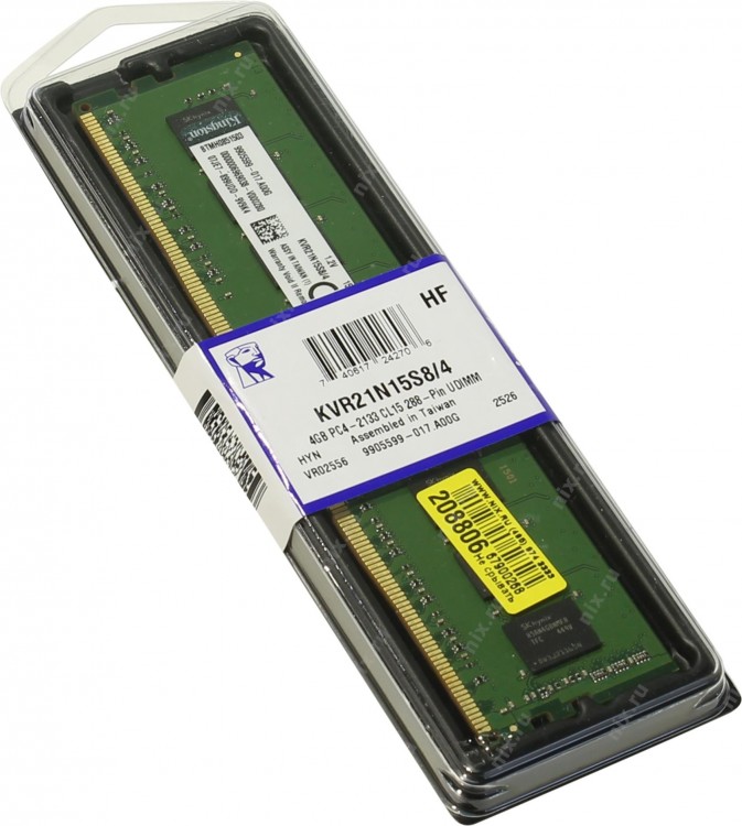 Модуль памяти DIMM DDR4 4Гб, 2133 МГц, 17064 Мб/с, Kingston KVR21N15S8/4, rtl