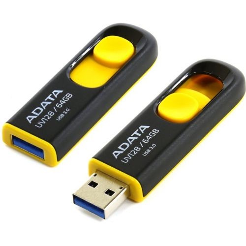 Накопитель USB 3.0 ,64Гб Adata DashDrive UV128,черный/желтый, пластик