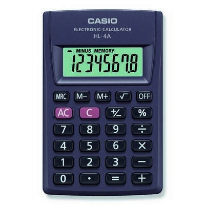 Калькулятор Casio HL-4A-S-EH, карман.классич., 8 разр., корень, 87х56х9, 1хLR54