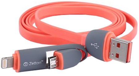 Кабель USB - Apple 8pin/microUSB,1м,Zetton ZTLSUSB2IN1 BO,розовый, rtl