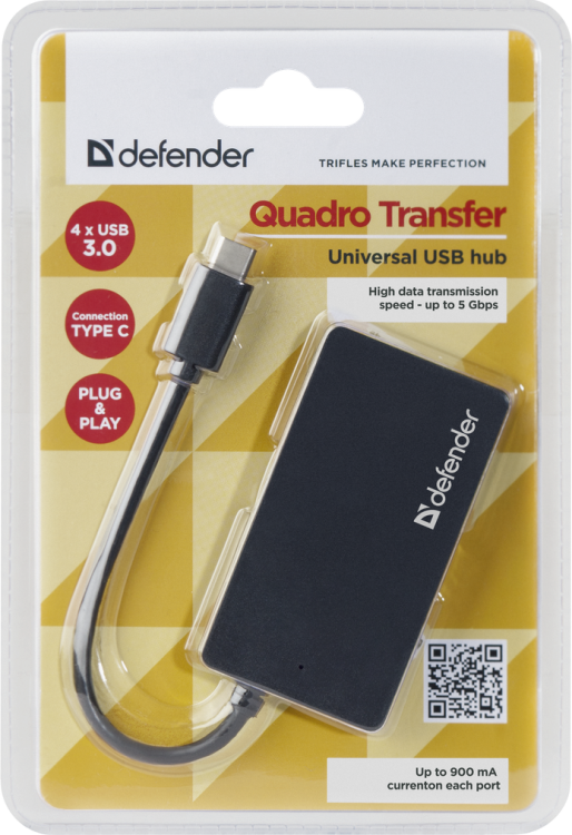 Концентратор USB Defender Quadro Transfer Type C?4*USB 2.0, черный, блистер