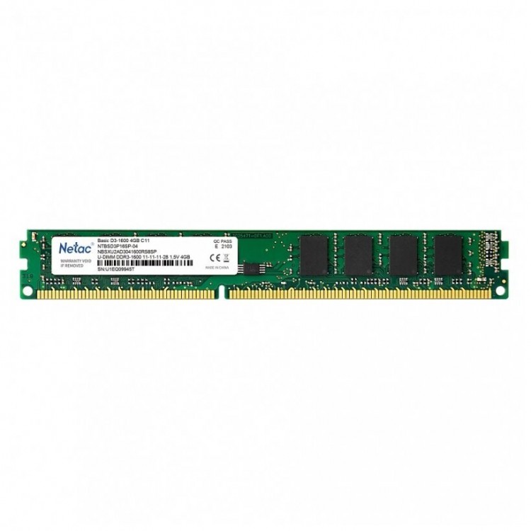 Модуль памяти DIMM DDR3 4Гб, 1600МГц, 12800 Мб/с, Netac NTBSD3P16SP-04, блистер