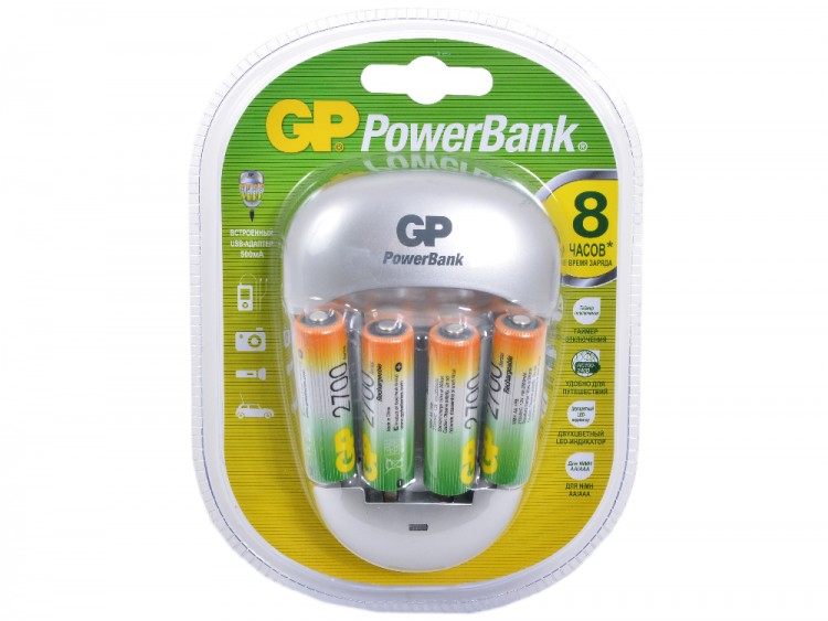 Зарядное устройство GP PowerBank Quick3 PB27 4xAA/AAA NiMH, батарейки в комплекте: 4xAA(2700мАч),бли