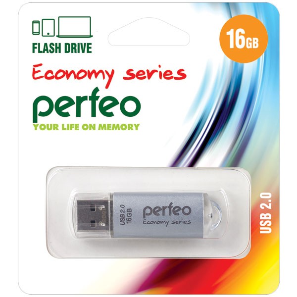 Накопитель USB 2.0 ,16Гб Perfeo E01,серебристый, металл