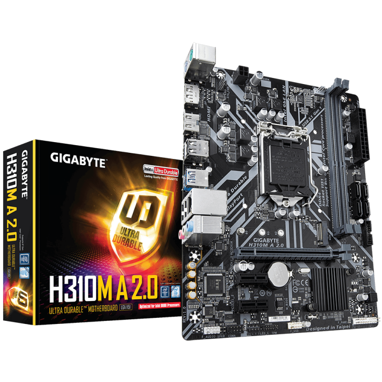 М/плата Gigabyte Ultra Durable H310M A 2.0,LGA1151 v.2, 2хDDR4(2666 МГц, 32Гб)SATA*4+1 M.2(key M), IDE*нет,1*PCI-E 3.0 x16/2*PCI-E 2.0 x1,microATX,rtl
