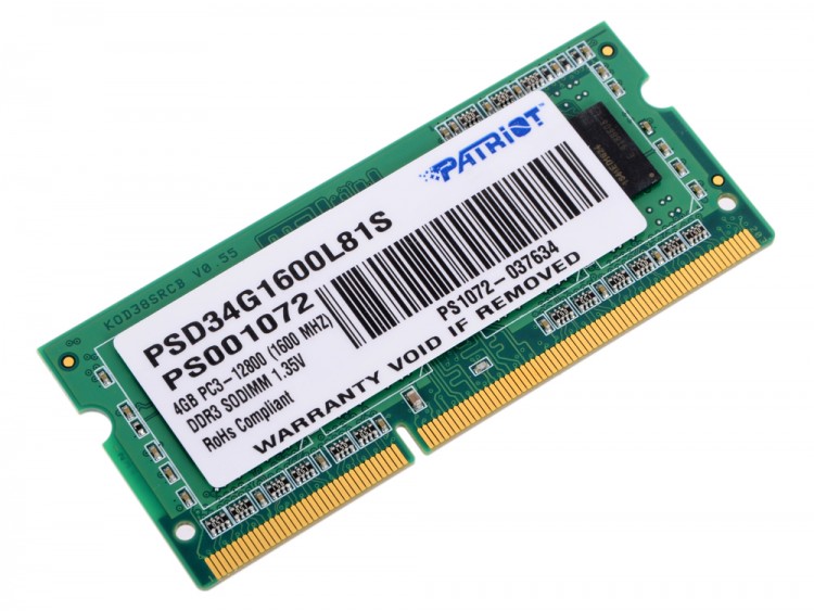 Модуль памяти SODIMM DDR3L 4Гб, 1600 МГц, 12800 Мб/с, Patriot PSD34G1600L81S, oem