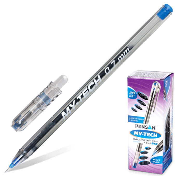 Ручка шар. Pensan My-Tech, синяя, масляная, корпус прозрачный, игольчатый узел 0,7мм, линия 0,35мм, 2240