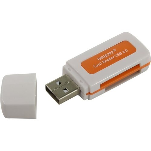 Картридер внешний Orient CR-011R USB 2.0, для SD,microSD,M2,MS белый/оранжевый, пакет