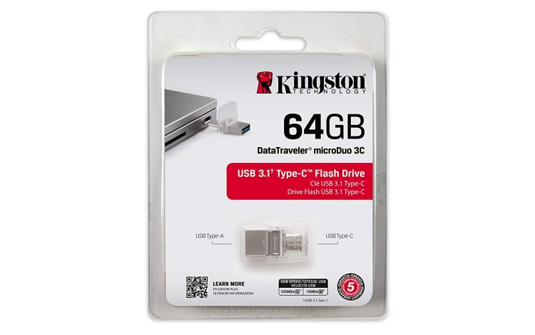 Накопитель USB 3.0/Type C ,64Гб Kingston DataTraveler microDuo DTDUO3C/64GB,серебристый, металл