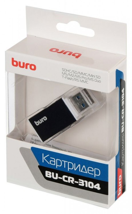 Картридер внешний Buro BU-CR-3104 USB 2.0, для SD,microSD,MMC,M2,MS,T-Flash черный, 