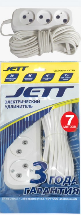 Сетевой удлинитель Jett PC-3 вилка Евро(без заземления), 3 розетки, кабель ШВВП 7м. белый, пакет