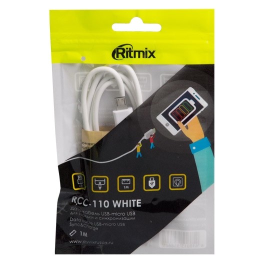 Кабель Ritmix RCC-110,USB - micro USB 1м. белый, пакет