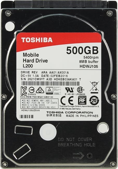 Накопитель HDD 2.5" 500Гб Toshiba L200 HDWJ105UZSVA 8Мб 5400 об/мин,тех. пакет