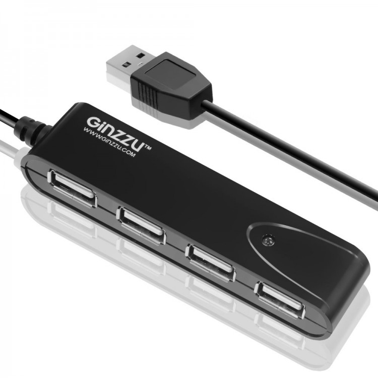 Концентратор USB Ginzzu GR-424UB 4 порта USB 2.0, черный, блистер