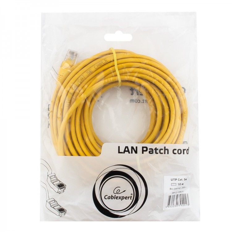 Патч-корд UTP 10м 5е Cablexpert PP12-10M/Y, CCA, 0,51мм., ПВХ/ПВХ 4 пары, желтый