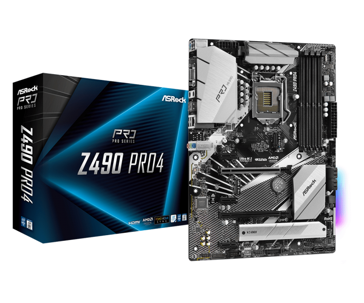 М/плата ASRock Z490 Pro4,LGA1200, 4хDDR4(2933 МГц, 128Гб)SATA*6+2*M.2(M key),2*PCI-E 3.0 x16 3*PCI-E 3.0 x1,ATX,rtl