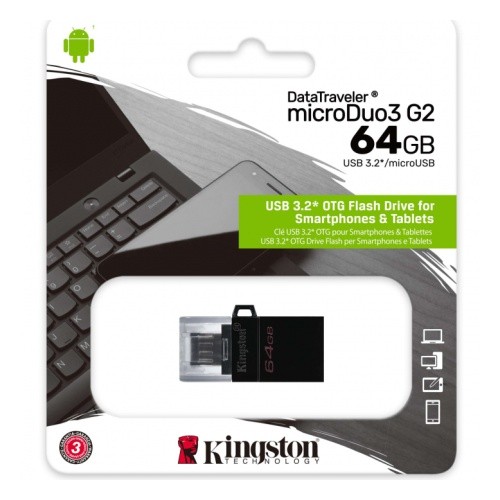 Накопитель USB 3.2/microUSB ,64Гб Kingston DataTraveler microDuo3 G2 DTDUO3G2/64GB,черный, металл