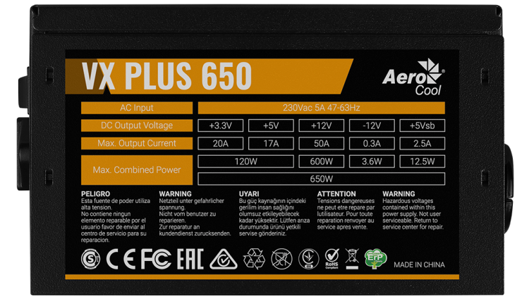 Блок питания 650Вт Aerocool VX-650 PLUS,20+4pin/4+4pin/PCI-E 6+2 pin*2/SATA x4/Molex x3,rtl