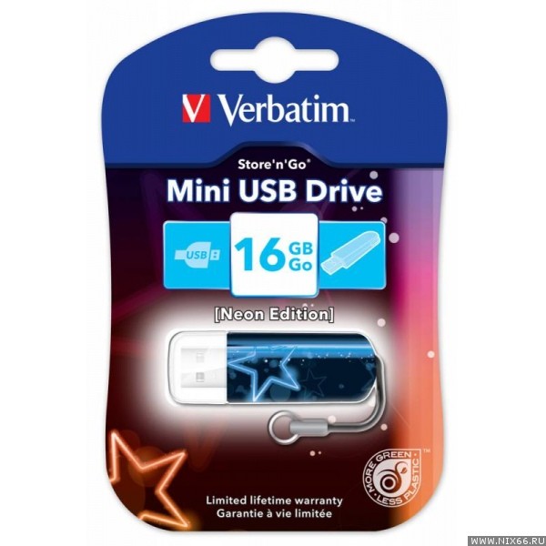 Накопитель USB 2.0 ,16Гб Verbatim Store'n'Go Mini Neon Edition,синий/черный, пластик