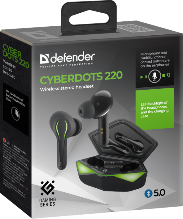 Гарнитура Bluetooth Defender CyberDots 220,стерео,беспроводная,черная,rtl