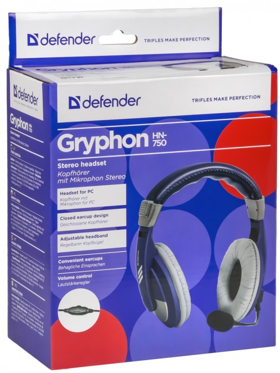 Гарнитура Defender  Gryphon 750,2.0,jack 3.5mm*2,черная/синяя,rtl