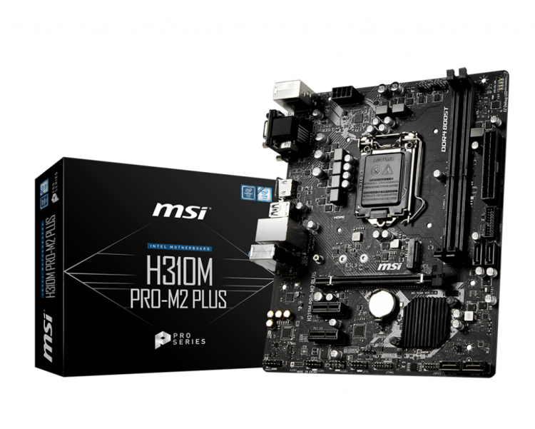 М/плата MSI H310M PRO-M2 PLUS,LGA1151 v.2, 2хDDR4(2666 МГц, 32Гб)SATA*4+1*M.2(key M), IDE*нет,1*PCI-E 3.0 x16/2*PCI-E 2.0 x1,microATX,rtl