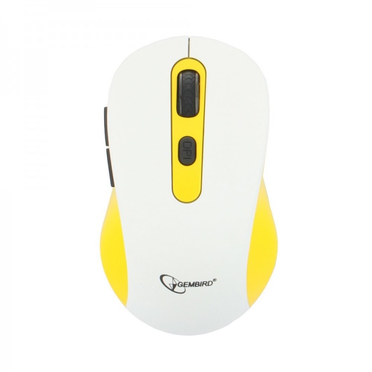 Мышь беспроводная Gembird MUSW-221-Y, белая/желтая, оптическая, 1600dpi, USB(для приёмника), блистер