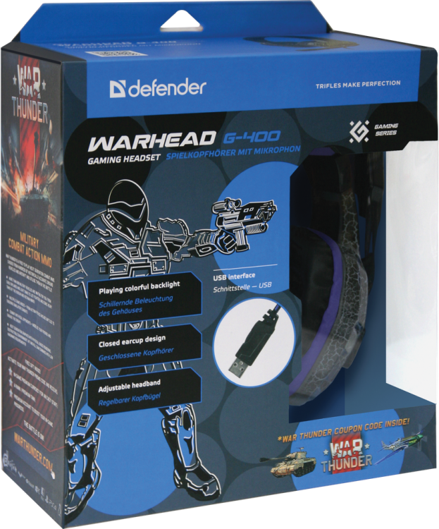 Игровая гарнитура Defender Warhead G-400 2.0 провод(2*USB) черный(с подсветкой) rtl