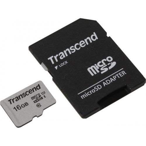 Карта памяти(+адаптер) microSDHC 16Гб/Class 10/UHS-I,Transcend (TS16GUSD300S-A)