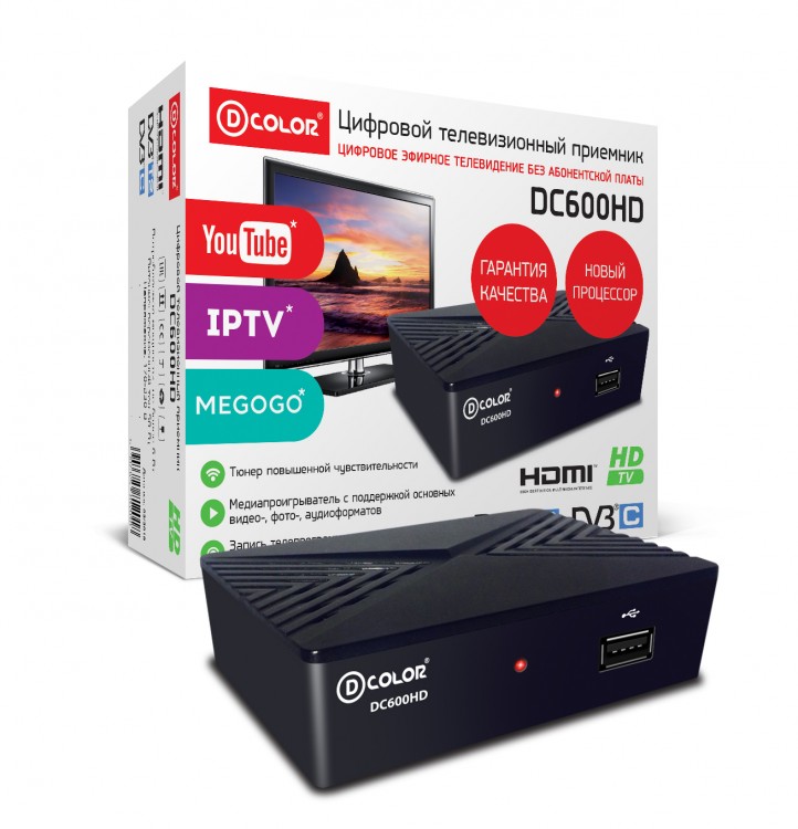 ТВ тюнер внешний D-Color  DC600HD DVB-T/DVB-T2 4:3, 16:9 576i,576p,720p,1080i,1080p 1920*1080 HDMI, RCA черный rtl