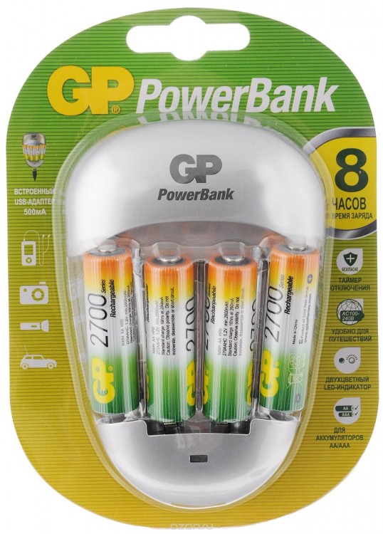Зарядное устройство GP Power Bank 4xAA/AAA NiMH, батарейки в комплекте: 4xAA(2700мАч),блистер