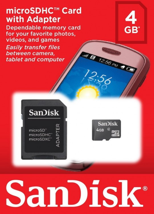 Карта памяти MicroSD 4Gb SanDisk Class 4 c адаптером
