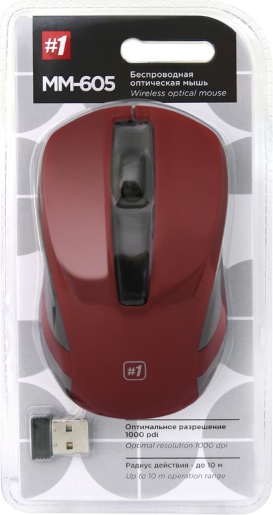 Мышь беспроводная Defender #1 MM-605, красная, оптическая, 1200dpi, USB(для приёмника), блистер