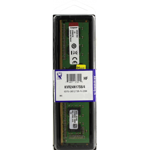 Модуль памяти DIMM DDR4 4Гб, 2400 МГц, 19200 Мб/с, Kingston KVR24N17S6/4, блистер